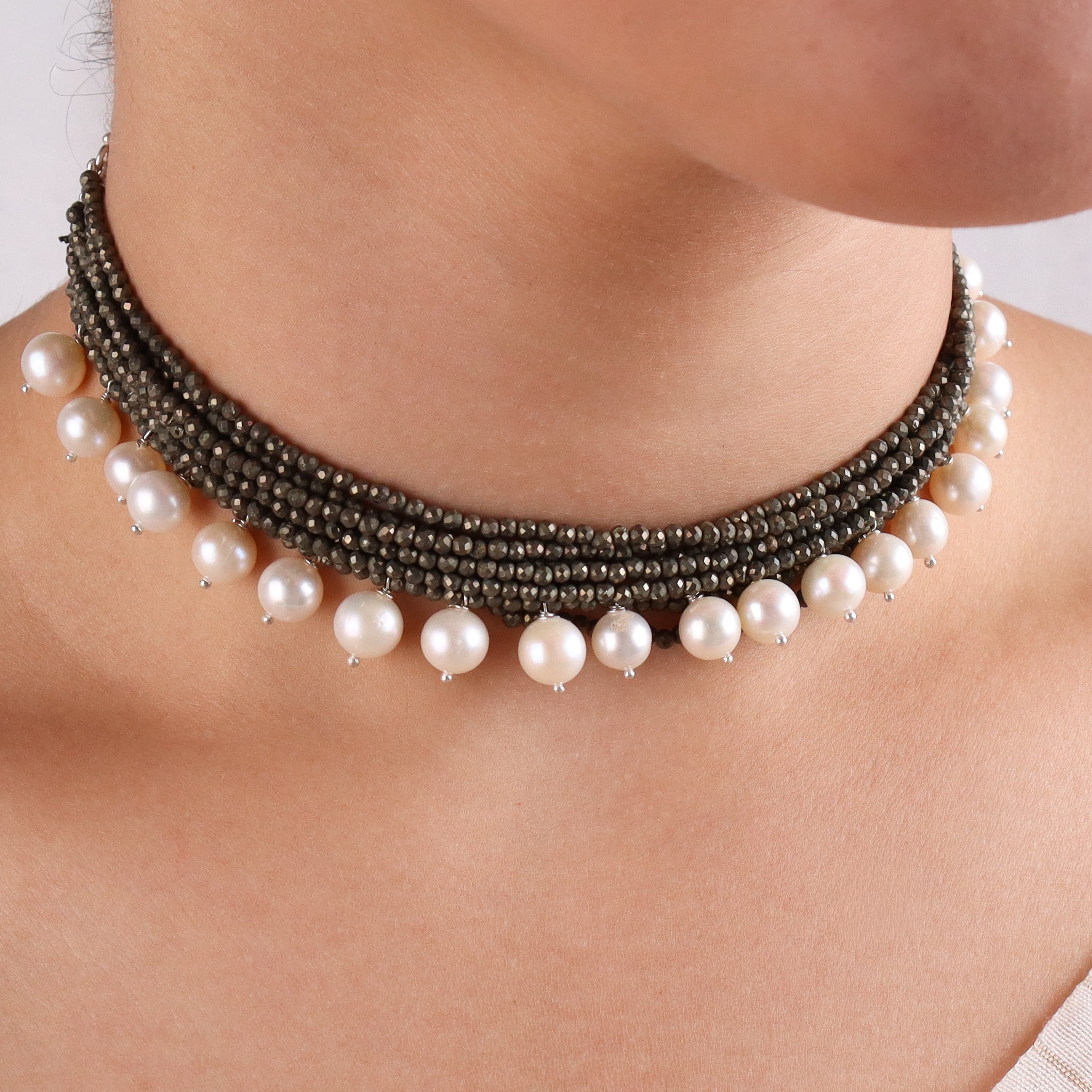 Luxe Choker - Pyrite and Fresh Water Pearls