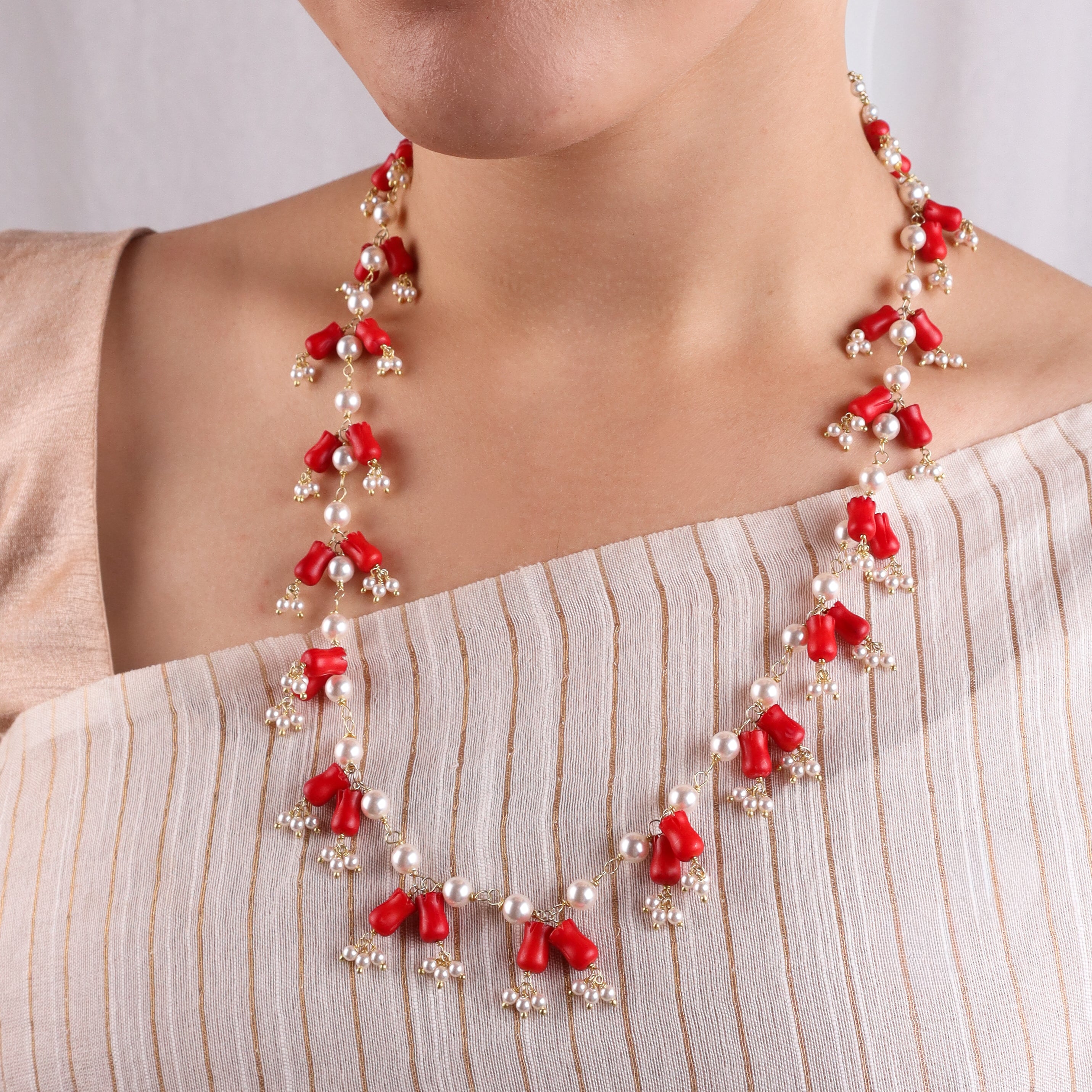 Luxe coral and pearl necklace in 92.5 silver with 22K gold plating