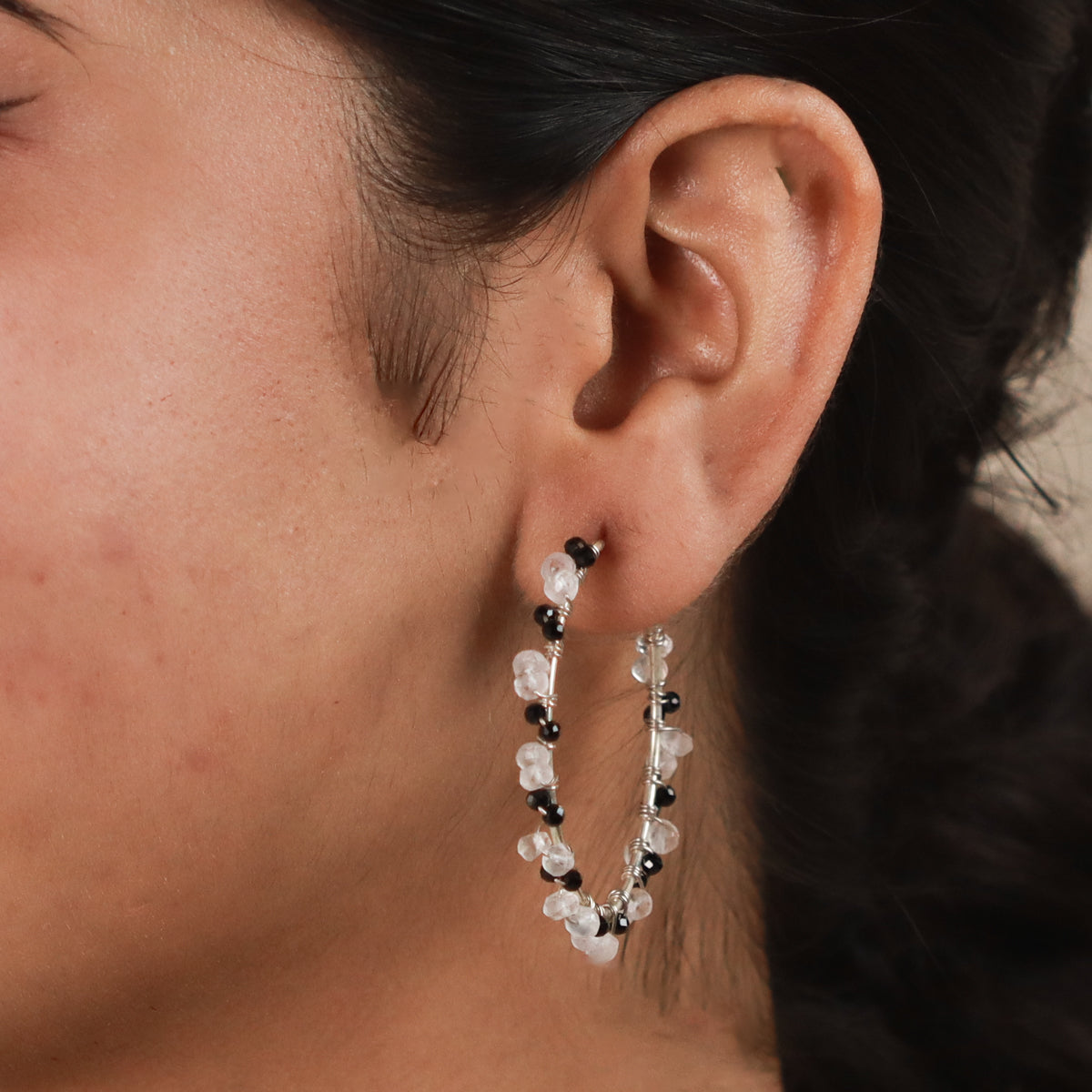 Moonstone and Black Spinel Hoop Silver Earring