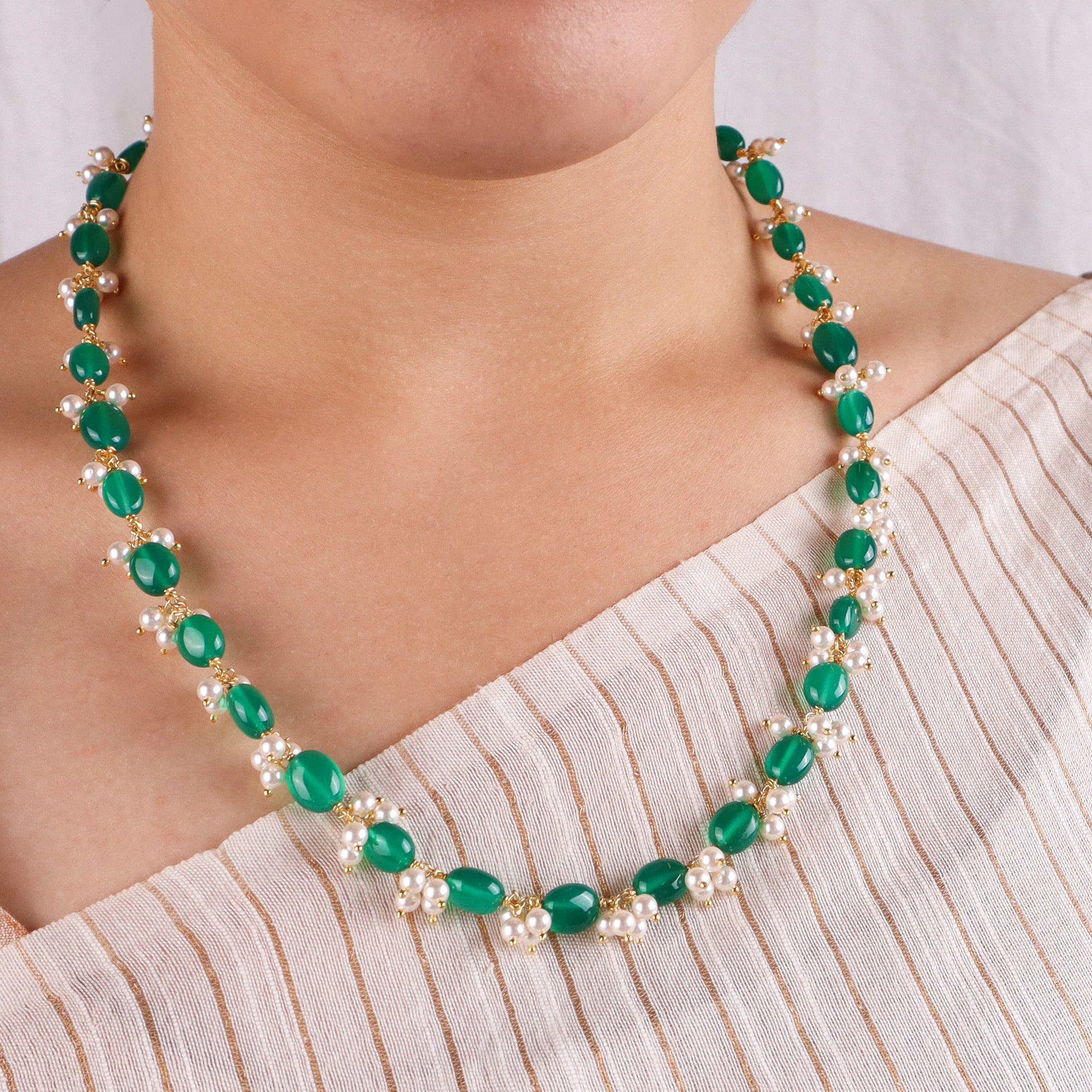 Luxe green onyx and pearl necklace in 92.5 silver with 22K gold plating