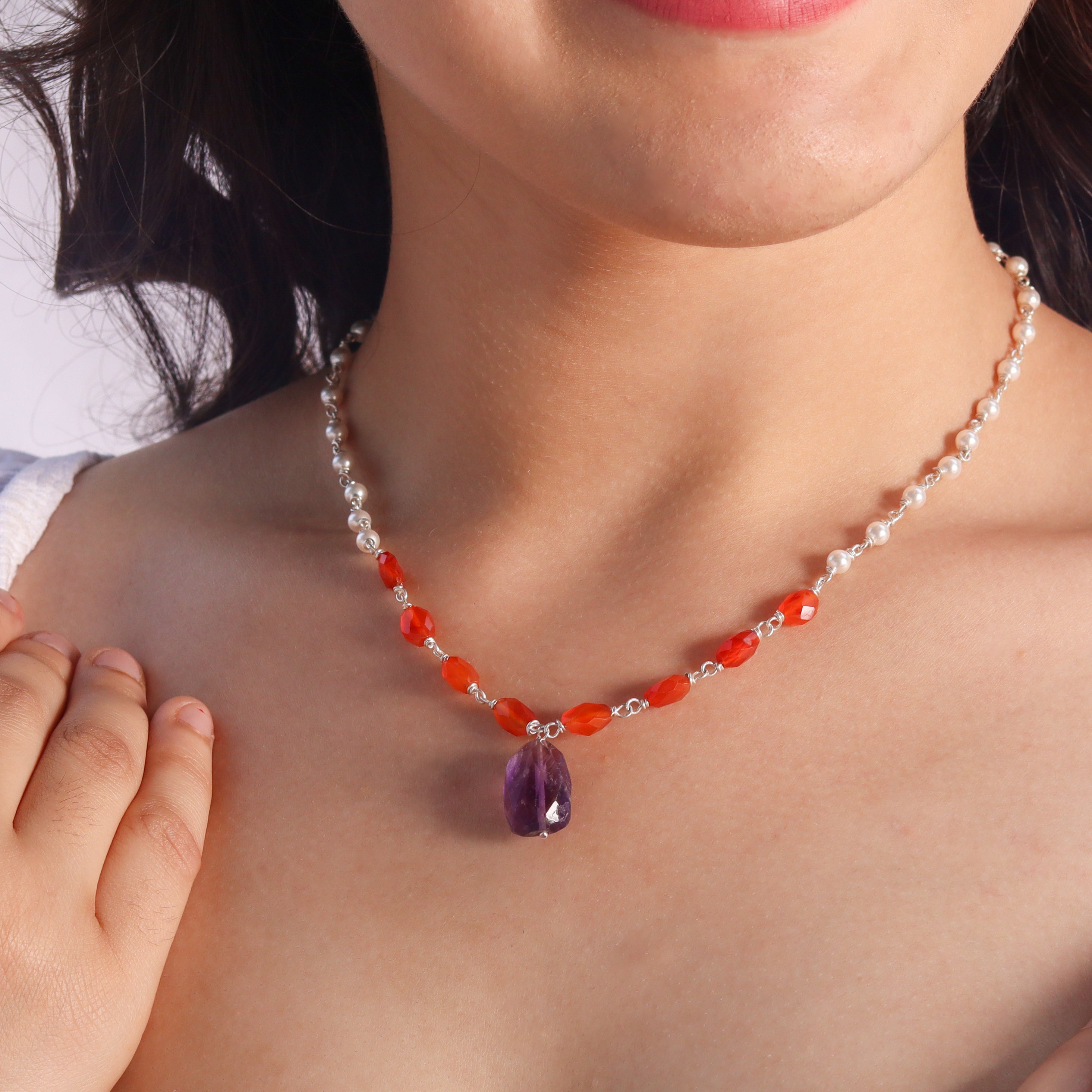 Silver Pearl Ganthan Necklace with Amethyst and Carnelian