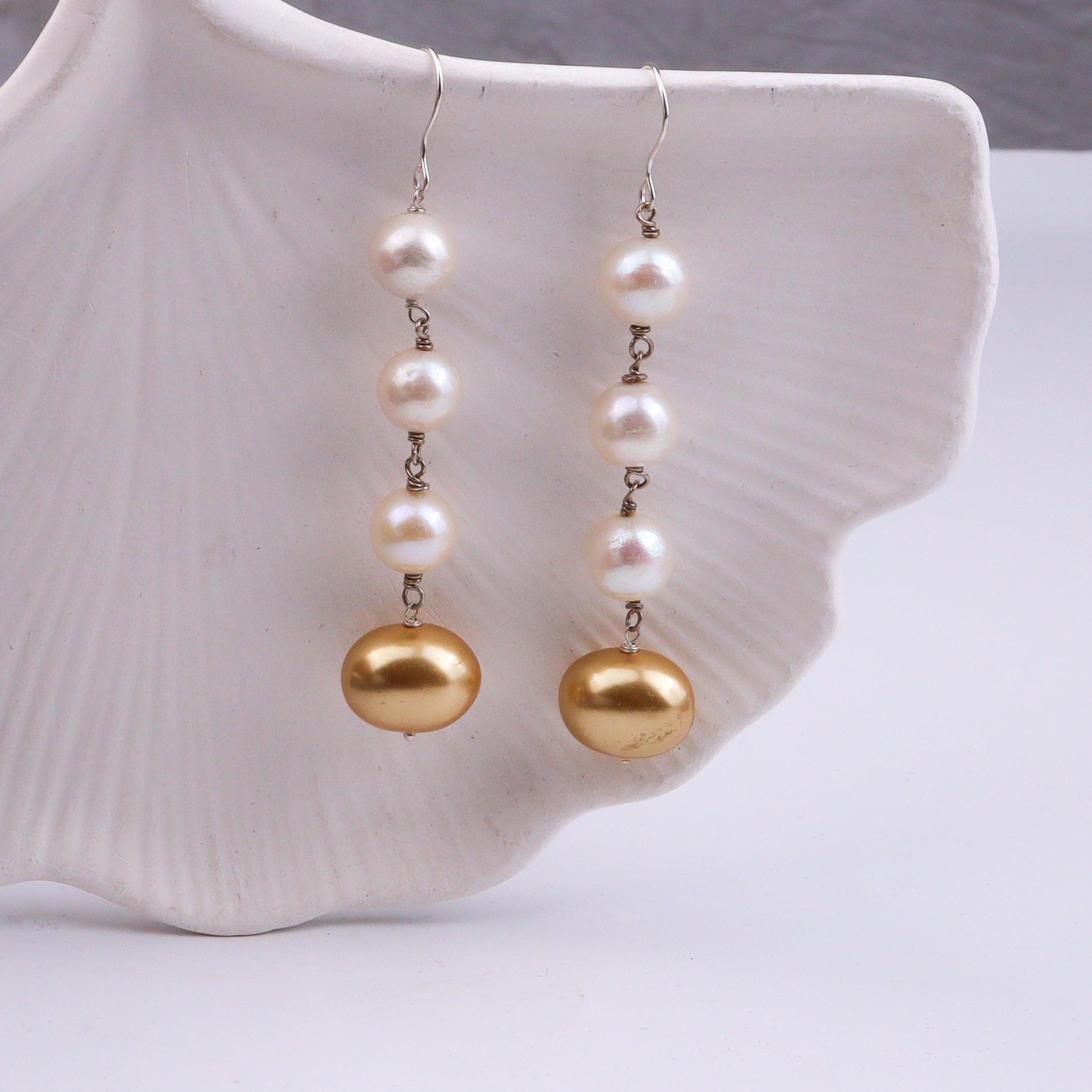 Golden Pearl & Baroque Pearl Silver Earrings (Project Handmade)