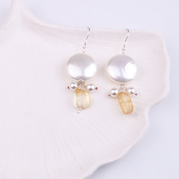 Coin Pearl & Citrine Silver Earrings (Project Handmade)
