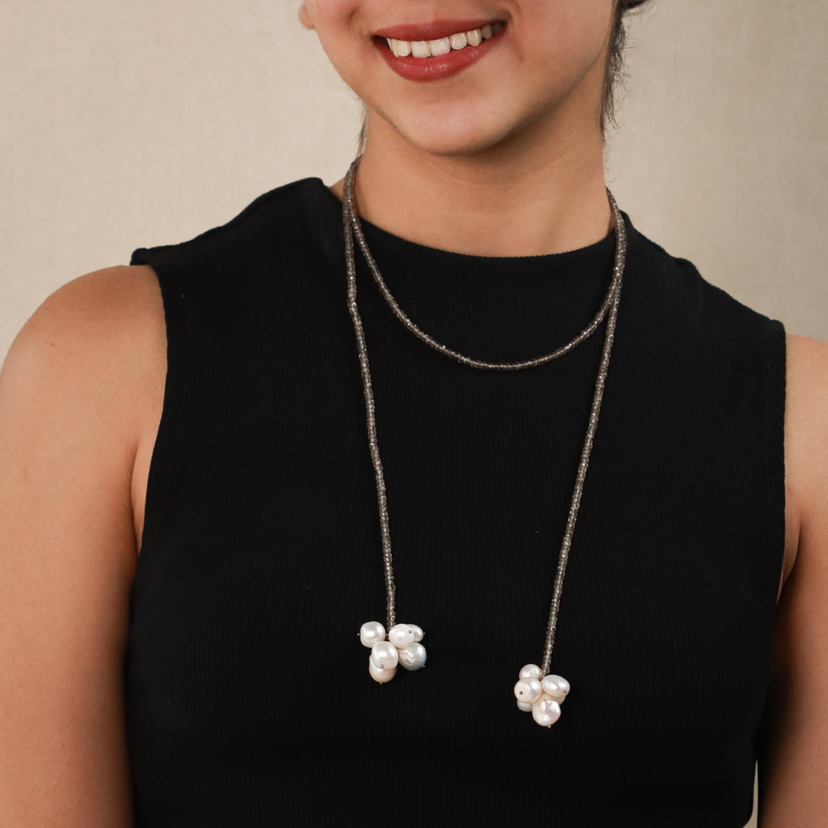 Silver Tie & Wear Necklace with Smokey Quarts Stones and Baroque Pearls