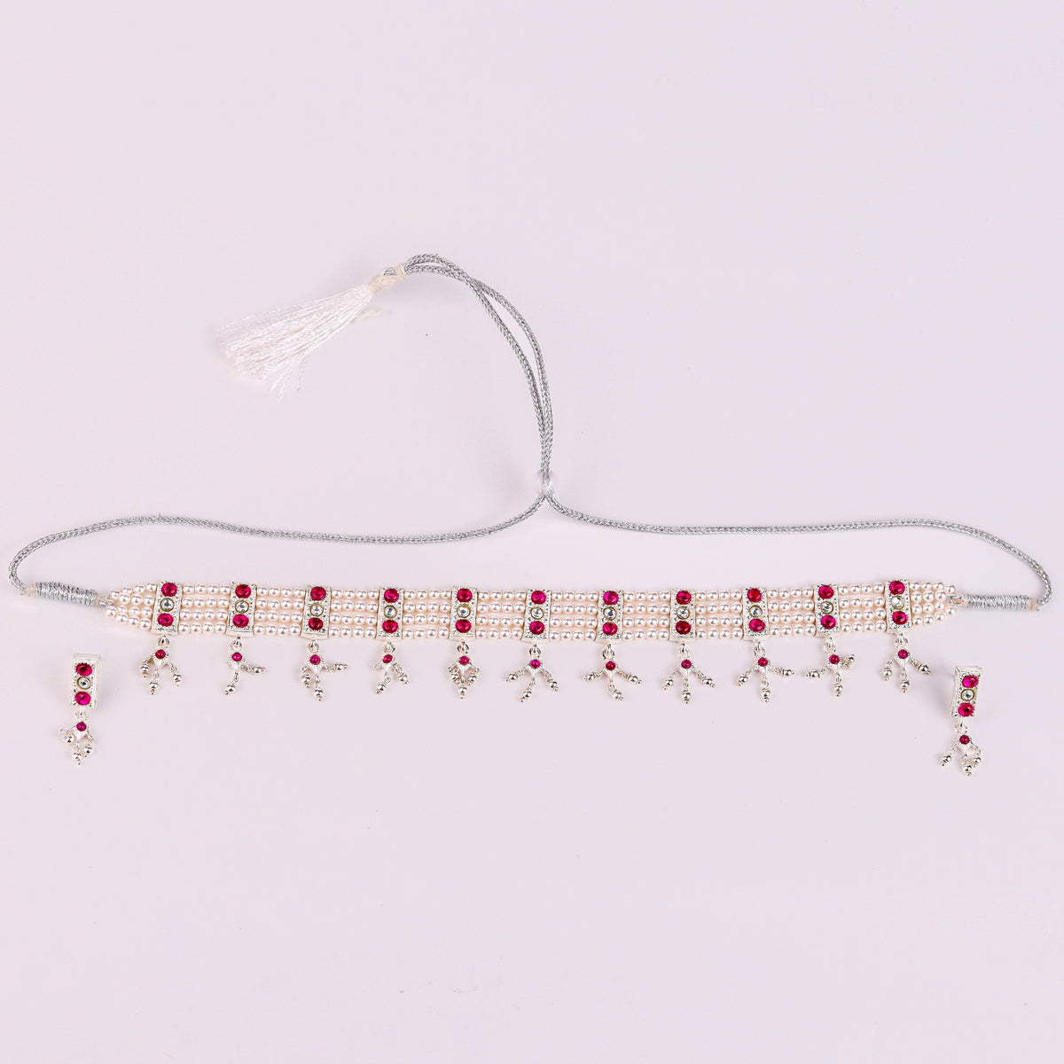 Woman styling Silver Pink Stone and Pearls Chinchapeti Set