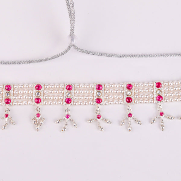 Angled view of Silver Pink Stone and Pearls Chinchapeti Set
