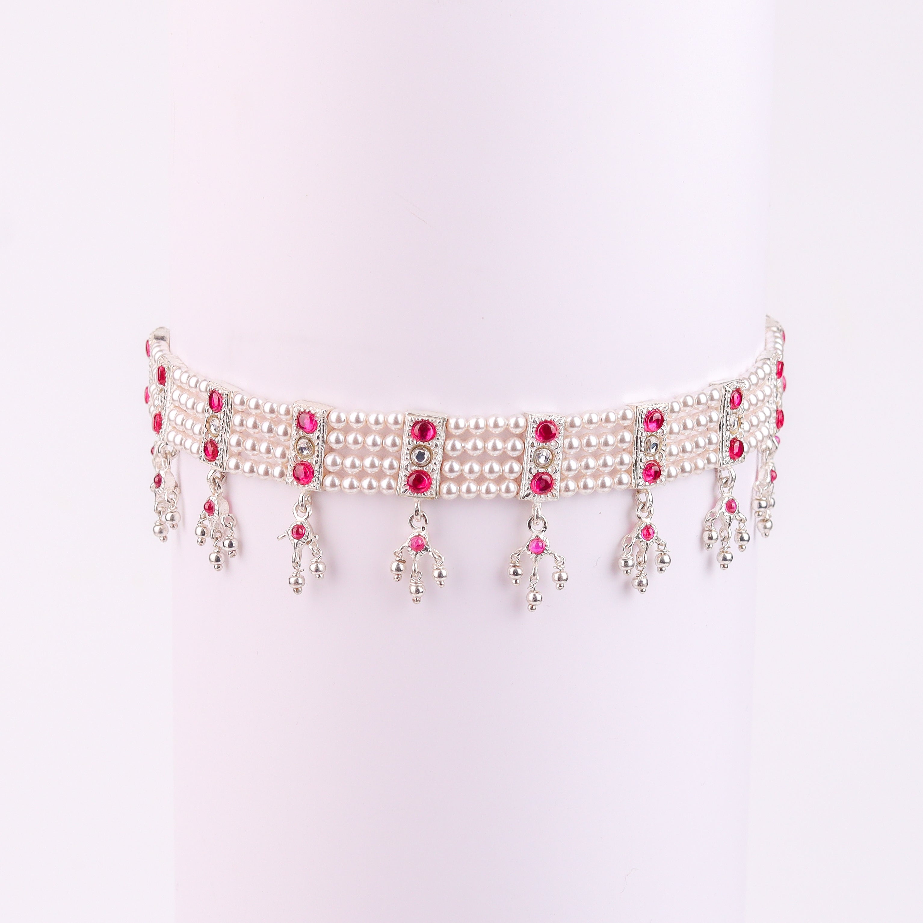 Silver Pink Stone and Pearls Chinchapeti Set