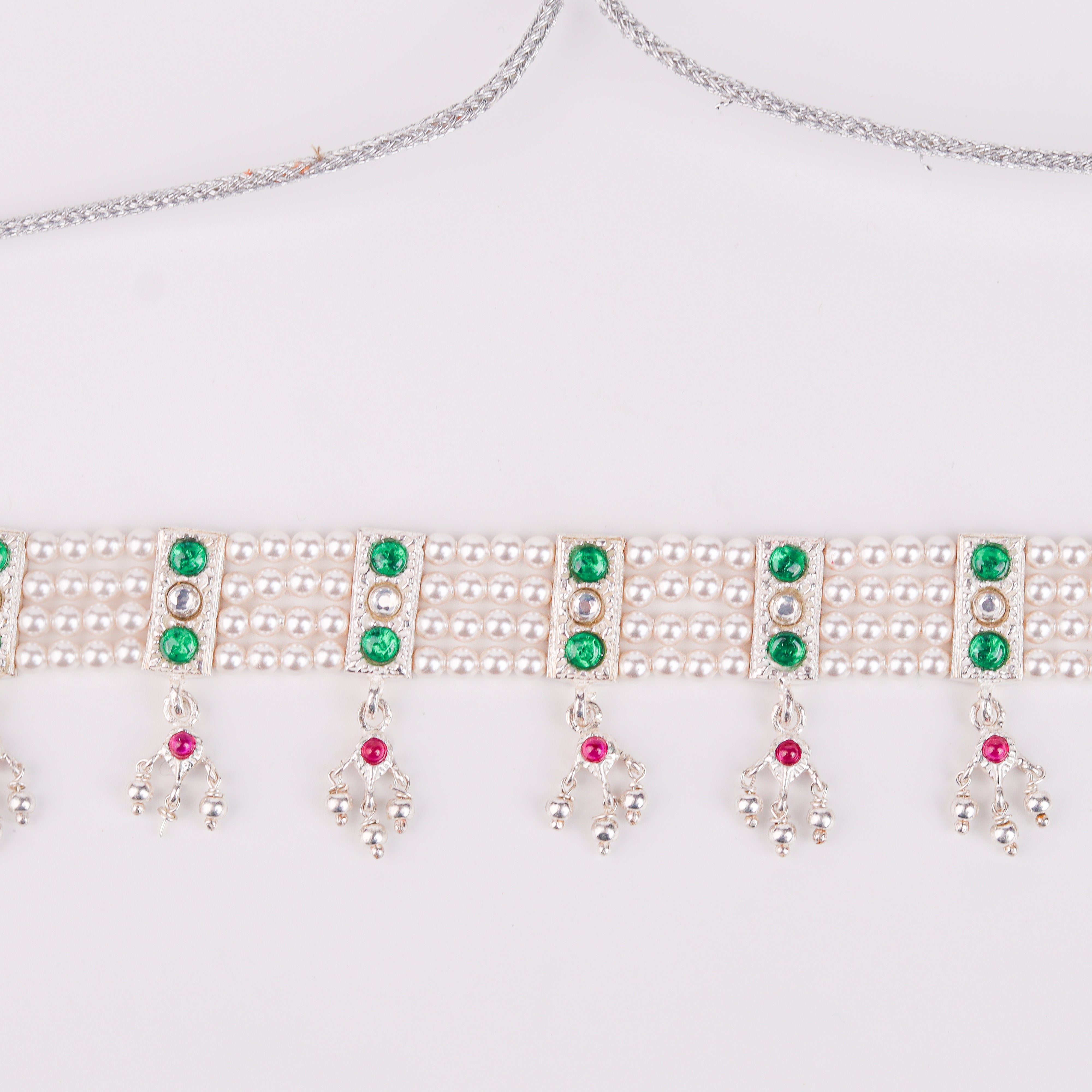 Silver Green Stone and Pearls Chinchapeti Set