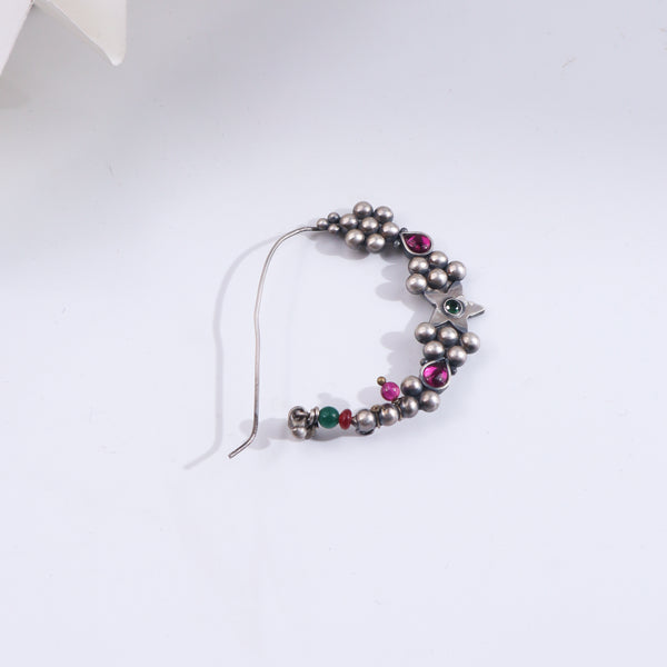 Silver Nath with pink gemstone and bead design for traditional jewelry