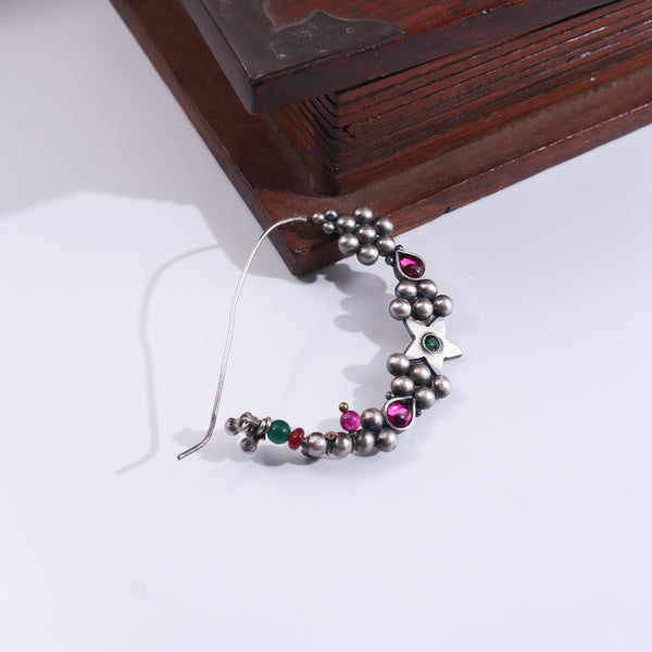 Silver Indrayani Nath with pink gemstone, traditional Maharashtrian nose pin