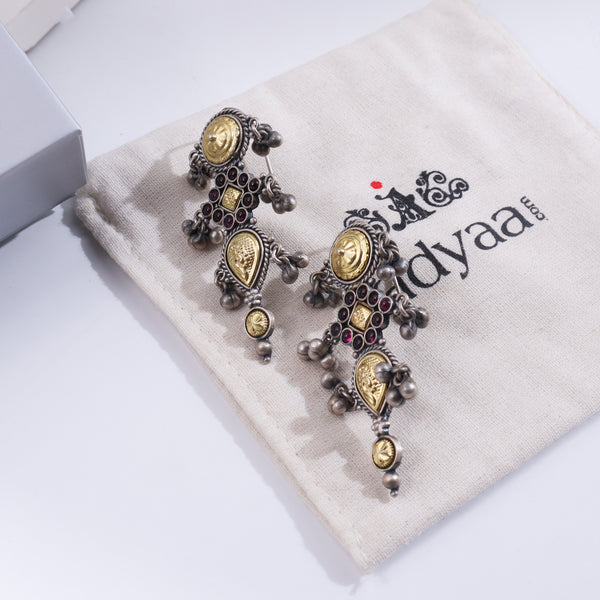 Silver Revival Rajasthani Pupat Earrings with intricate design and gold accents