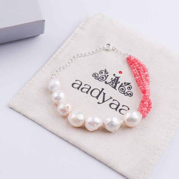Baroque Pearl & Pink Jade Silver Bracelet (Project Handmade)