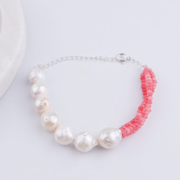 Baroque Pearl & Pink Jade Silver Bracelet (Project Handmade)