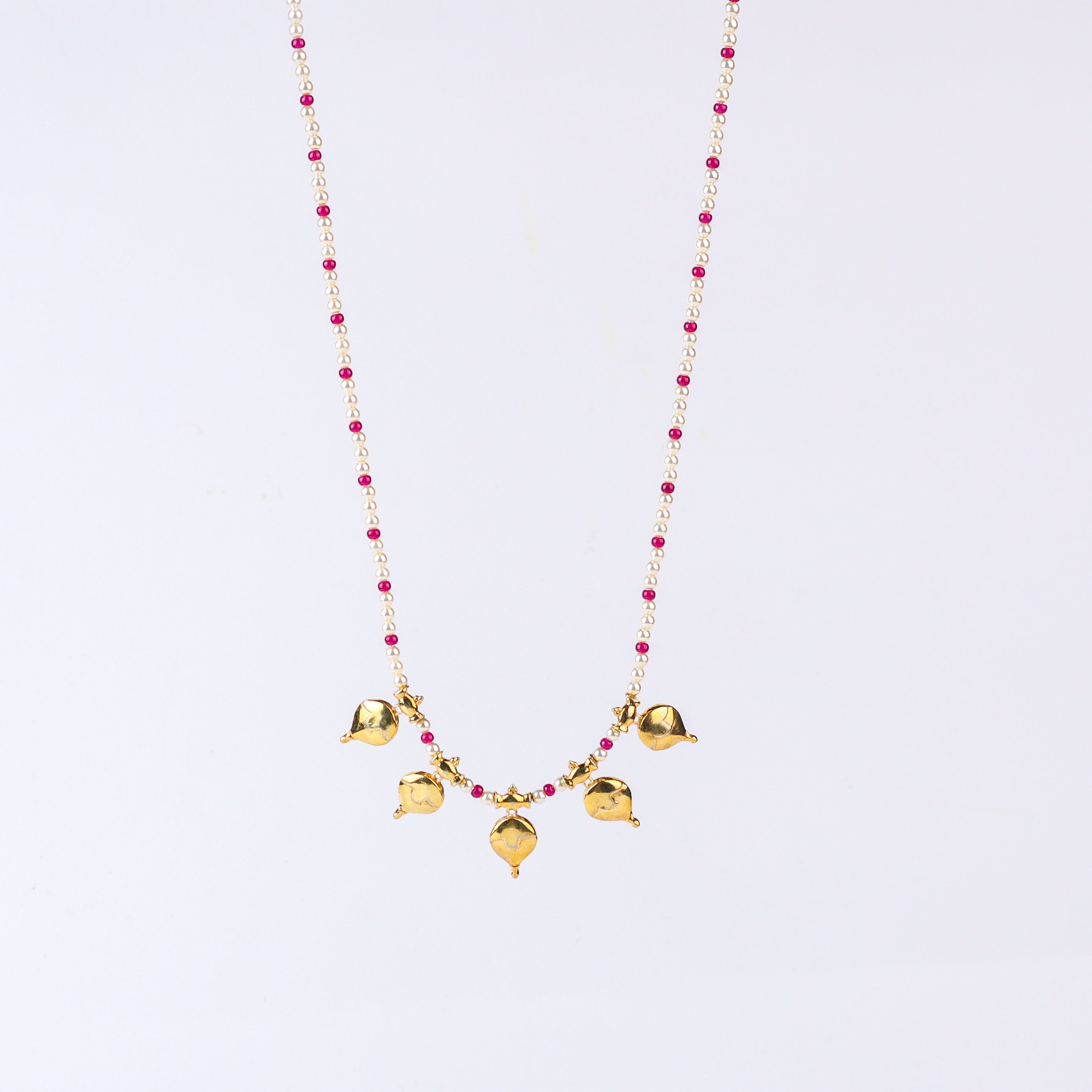 Gold Plated Silver Ruby and Pearl Necklace with वांगे (Vaange) Motif