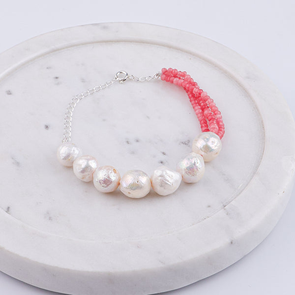 Baroque Pearl & Pink Jade Silver Bracelet (Project Handmade)