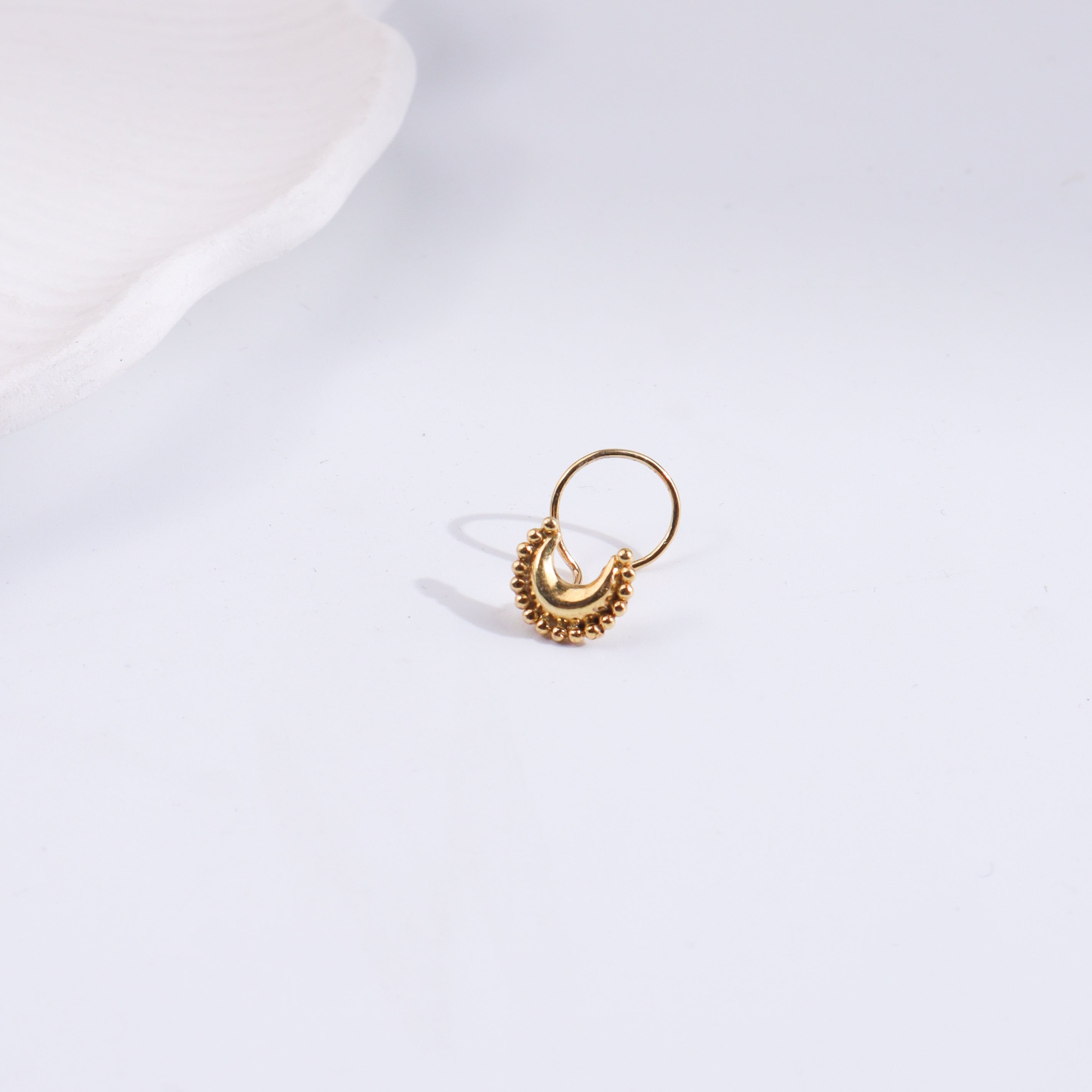 Gold-plated crescent moon nose pin with beaded border in silver