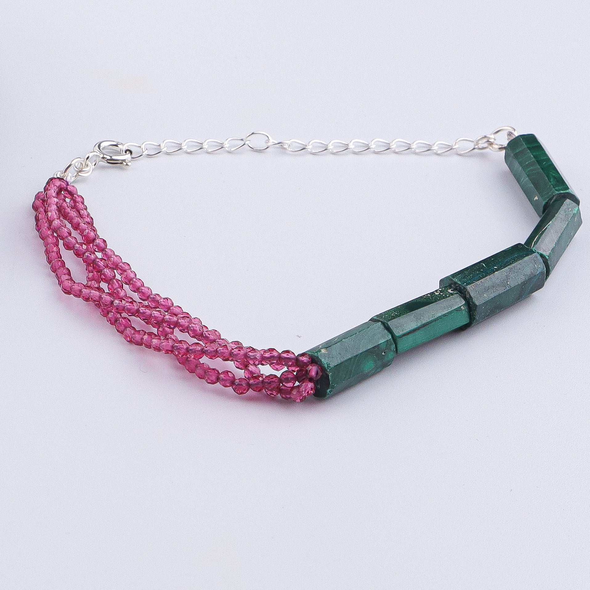 Green Malachite & Ruby Silver Bracelet (Project Handmade)