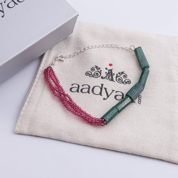 Green Malachite & Ruby Silver Bracelet (Project Handmade)
