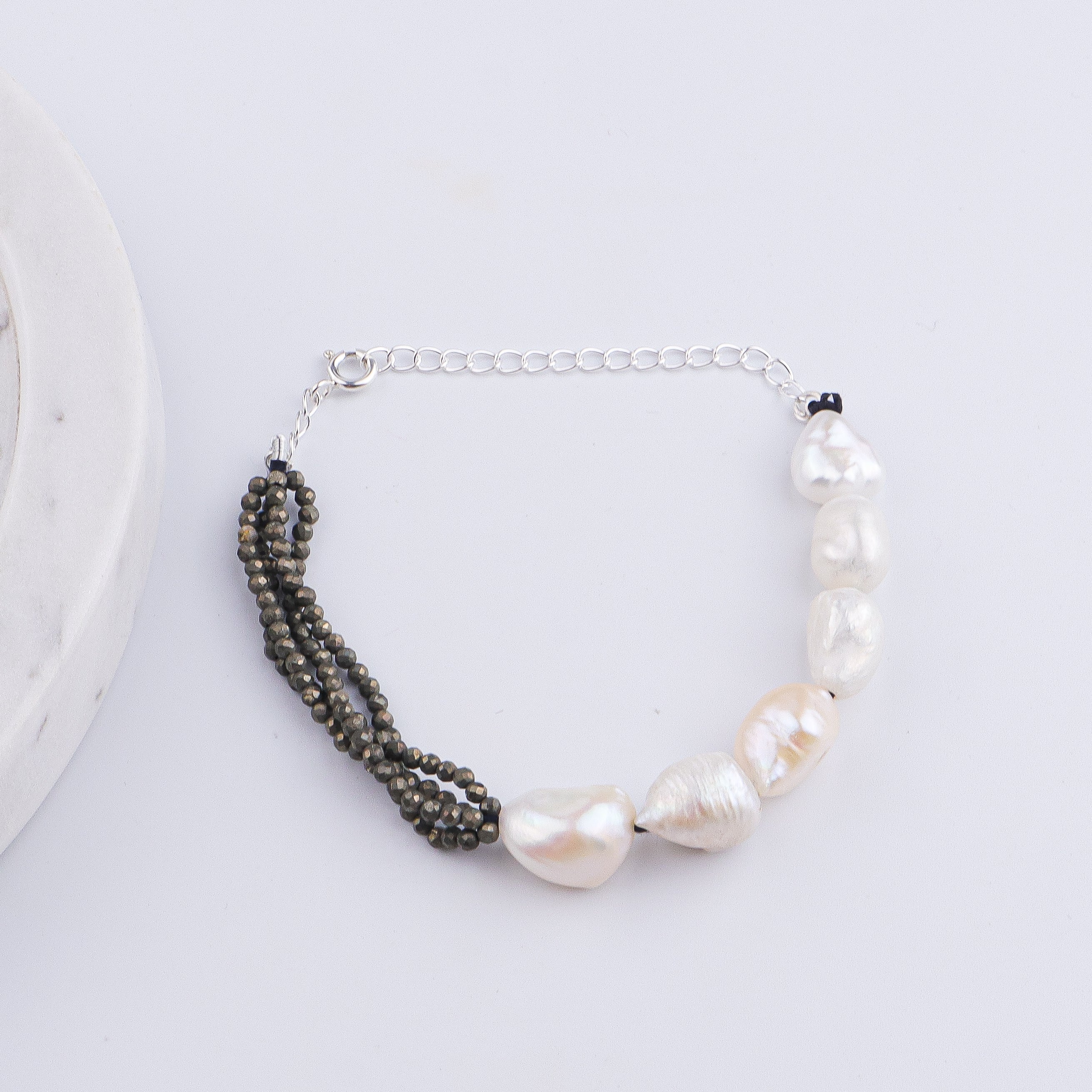 Pyrite & Freshwater Pearl Silver Bracelet (Project Handmade)