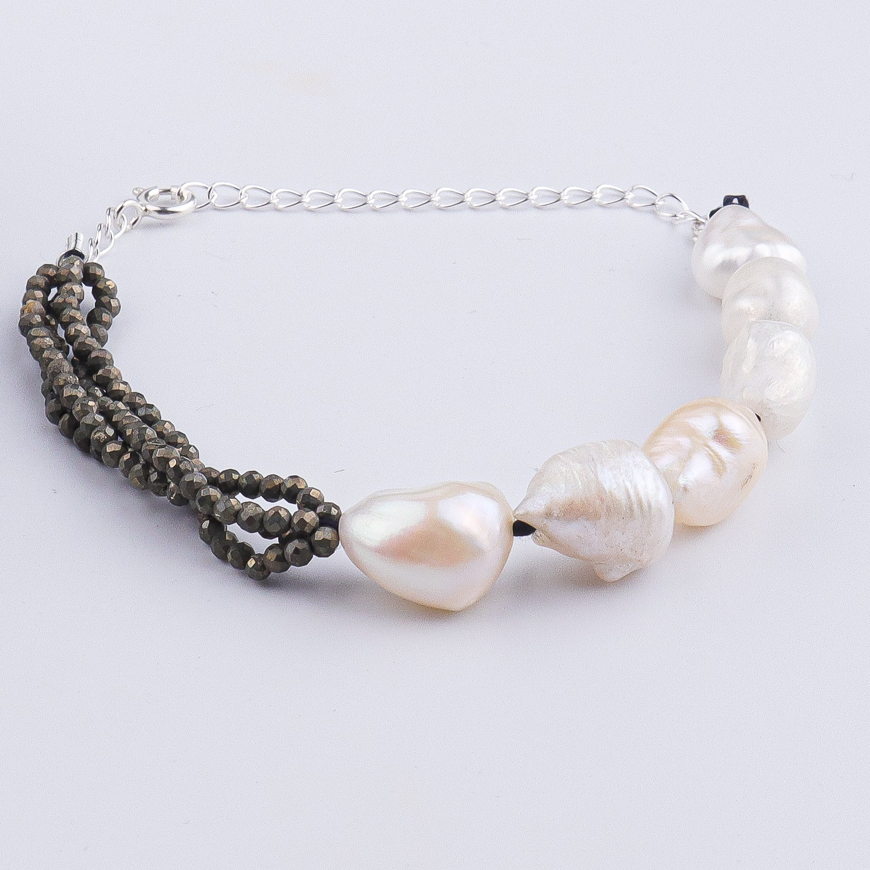 Pyrite & Freshwater Pearl Silver Bracelet (Project Handmade)