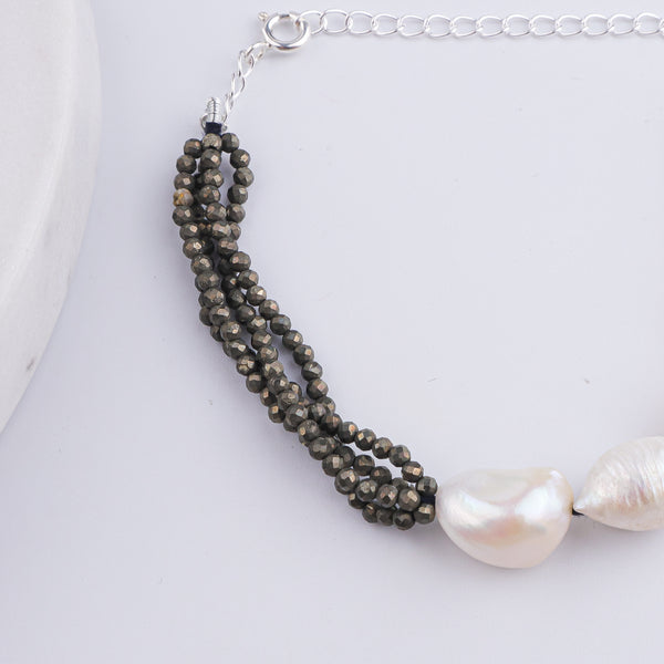 Pyrite & Freshwater Pearl Silver Bracelet (Project Handmade)