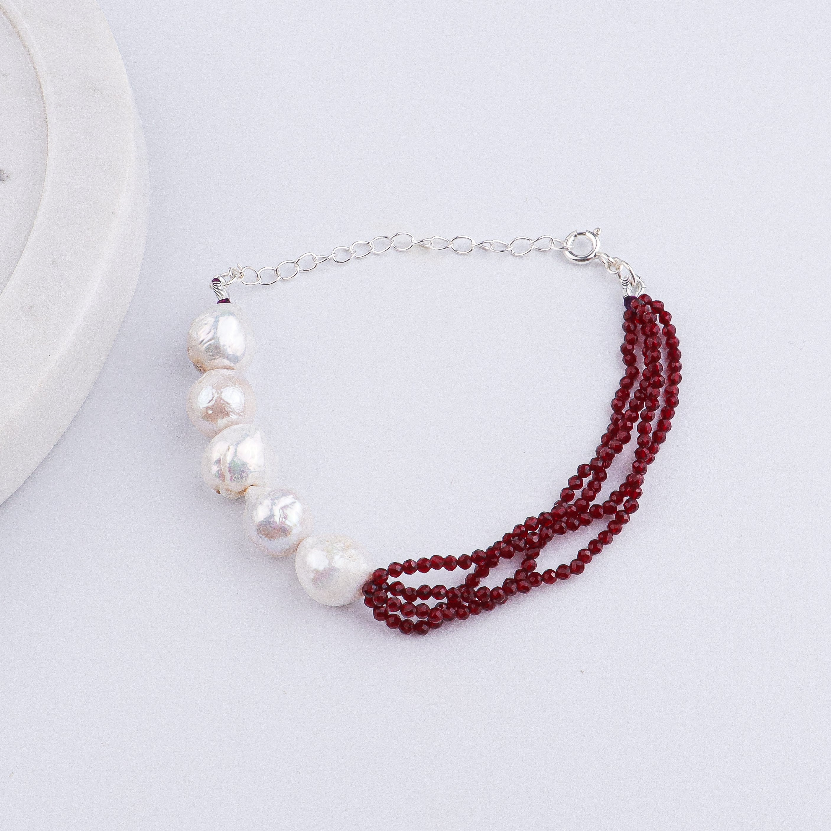 Garnet & Baroque Pearl Silver Bracelet (Project Handmade)