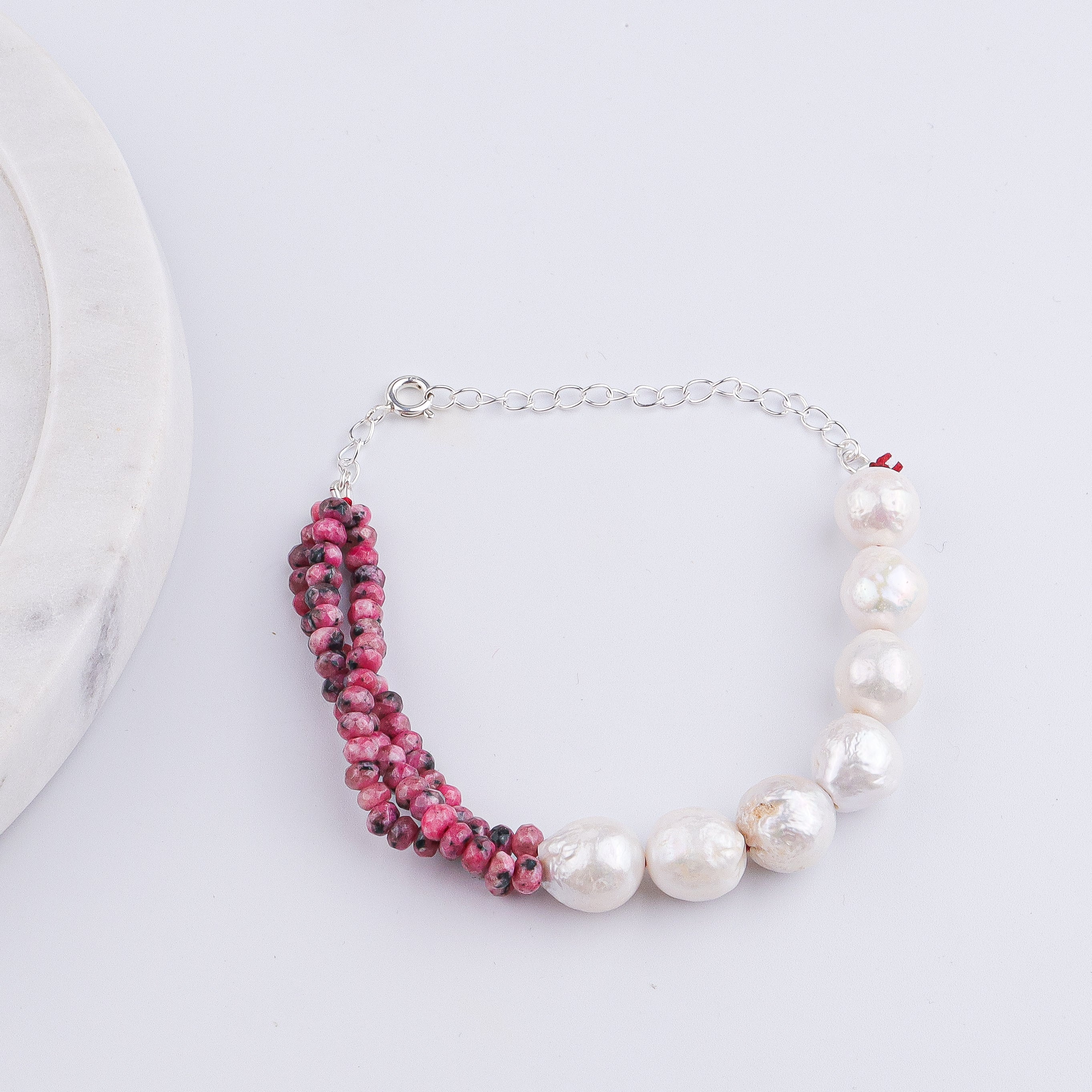 Pink Jade & Baroque Pearl Silver Bracelet (Project Handmade)