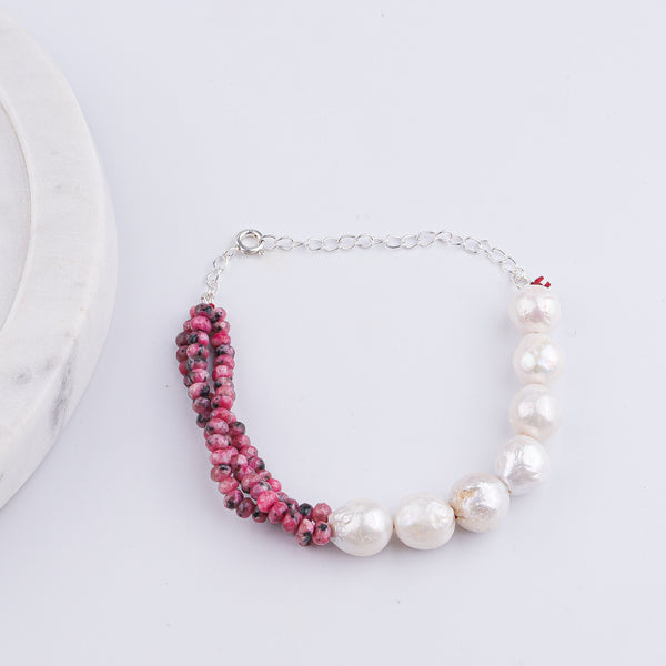 Pink Jade & Baroque Pearl Silver Bracelet (Project Handmade)