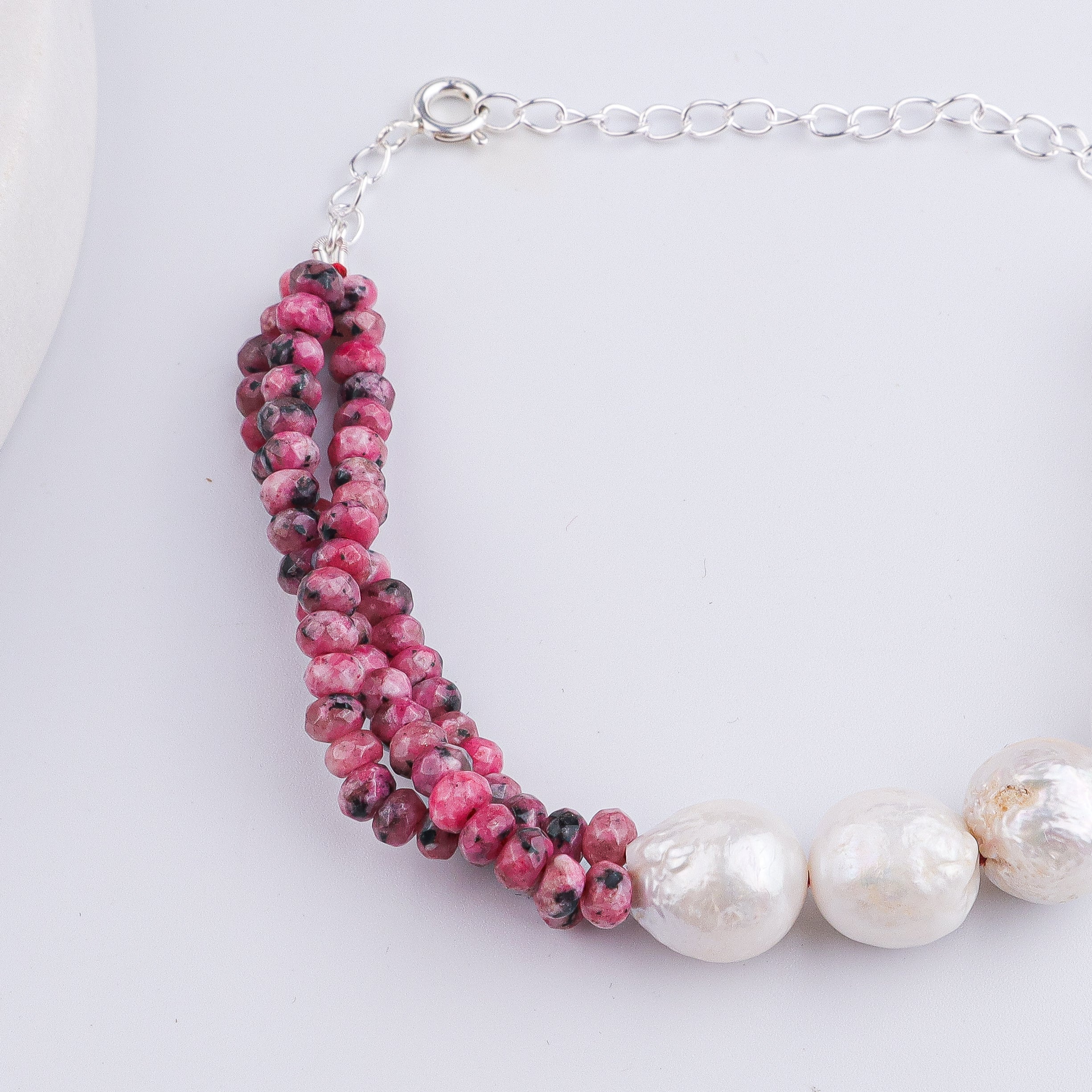 Pink Jade & Baroque Pearl Silver Bracelet (Project Handmade)