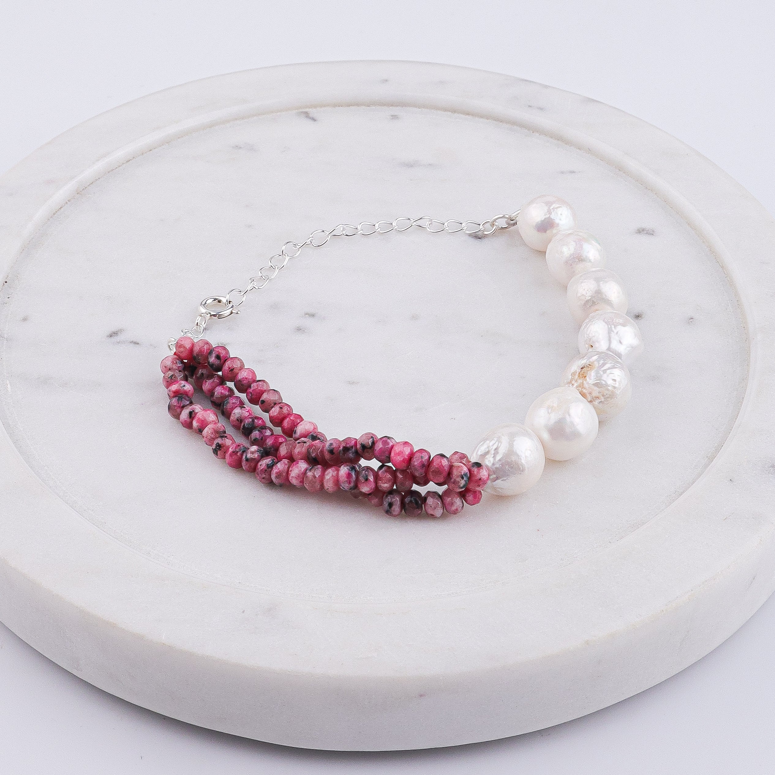 Pink Jade & Baroque Pearl Silver Bracelet (Project Handmade)