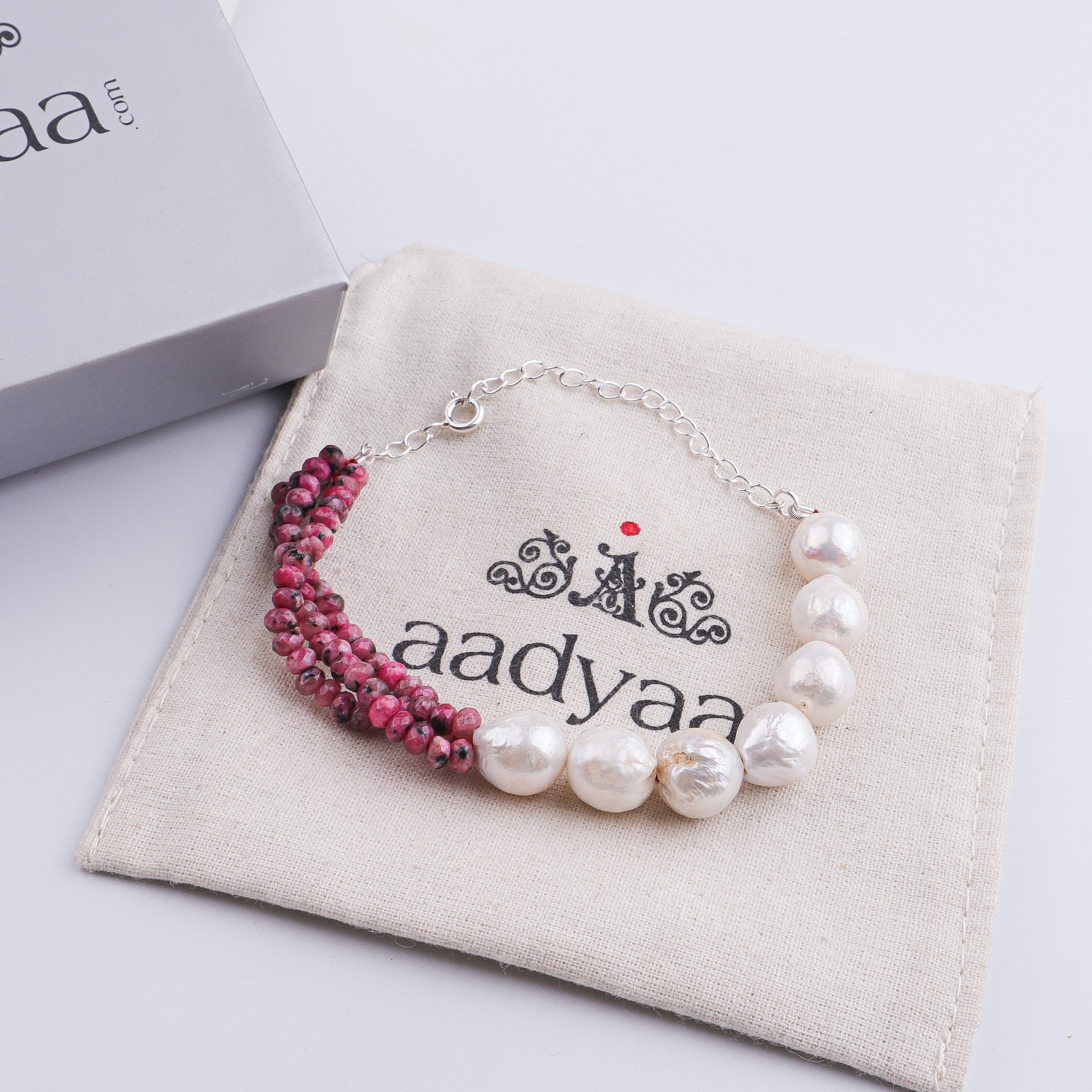 Pink Jade & Baroque Pearl Silver Bracelet (Project Handmade)