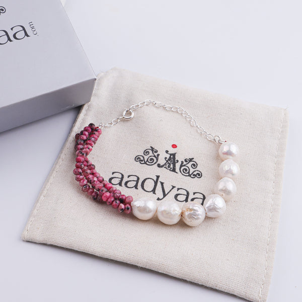 Pink Jade & Baroque Pearl Silver Bracelet (Project Handmade)