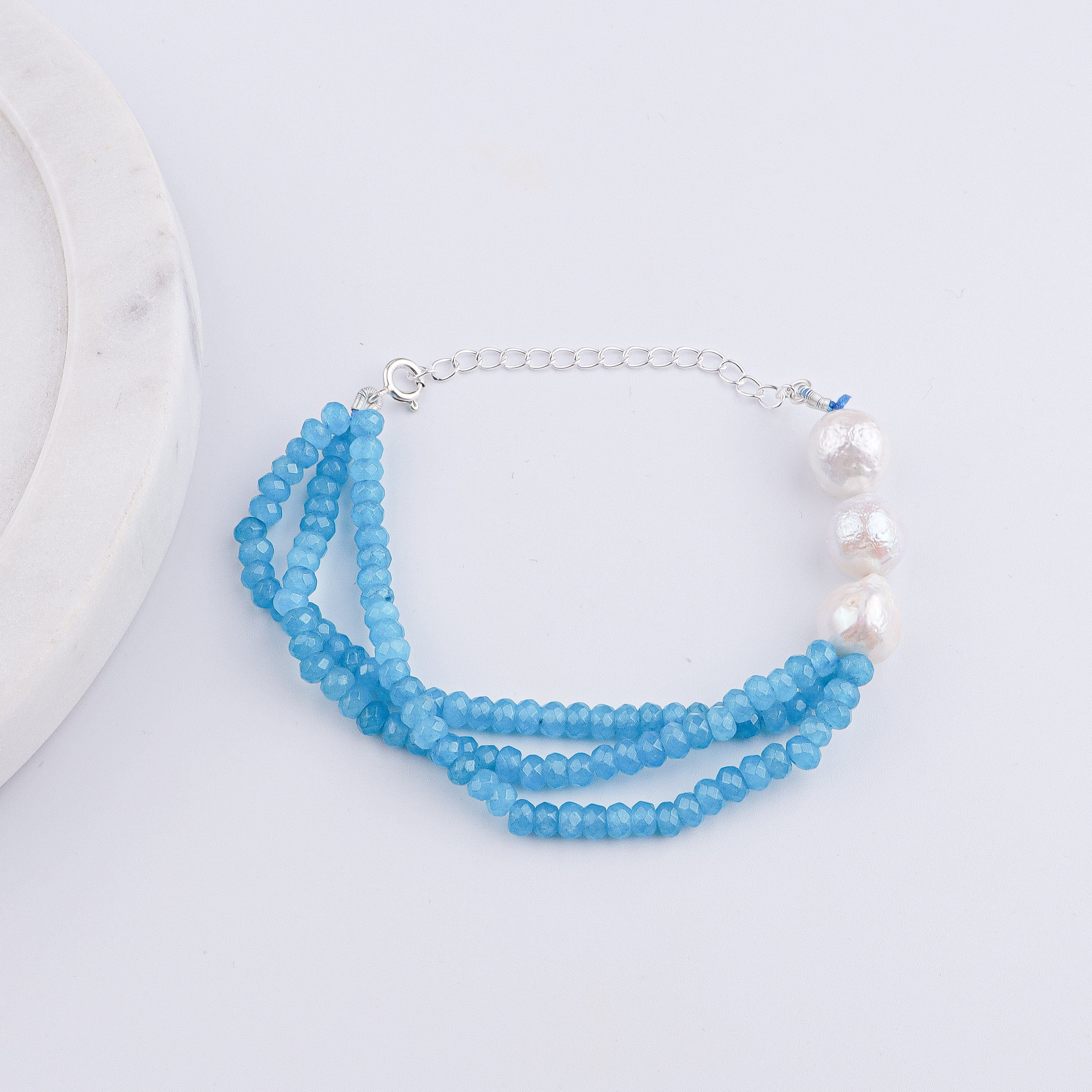 Blue Jade & Baroque Pearl Silver Bracelet (Project Handmade)