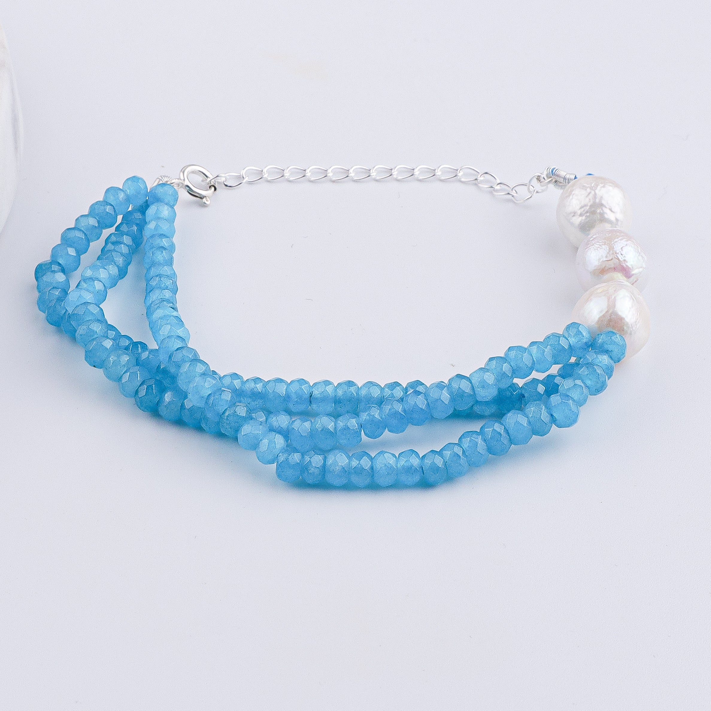 Blue Jade & Baroque Pearl Silver Bracelet (Project Handmade)