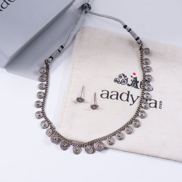 Silver spiral jewelry set with oxidized finish