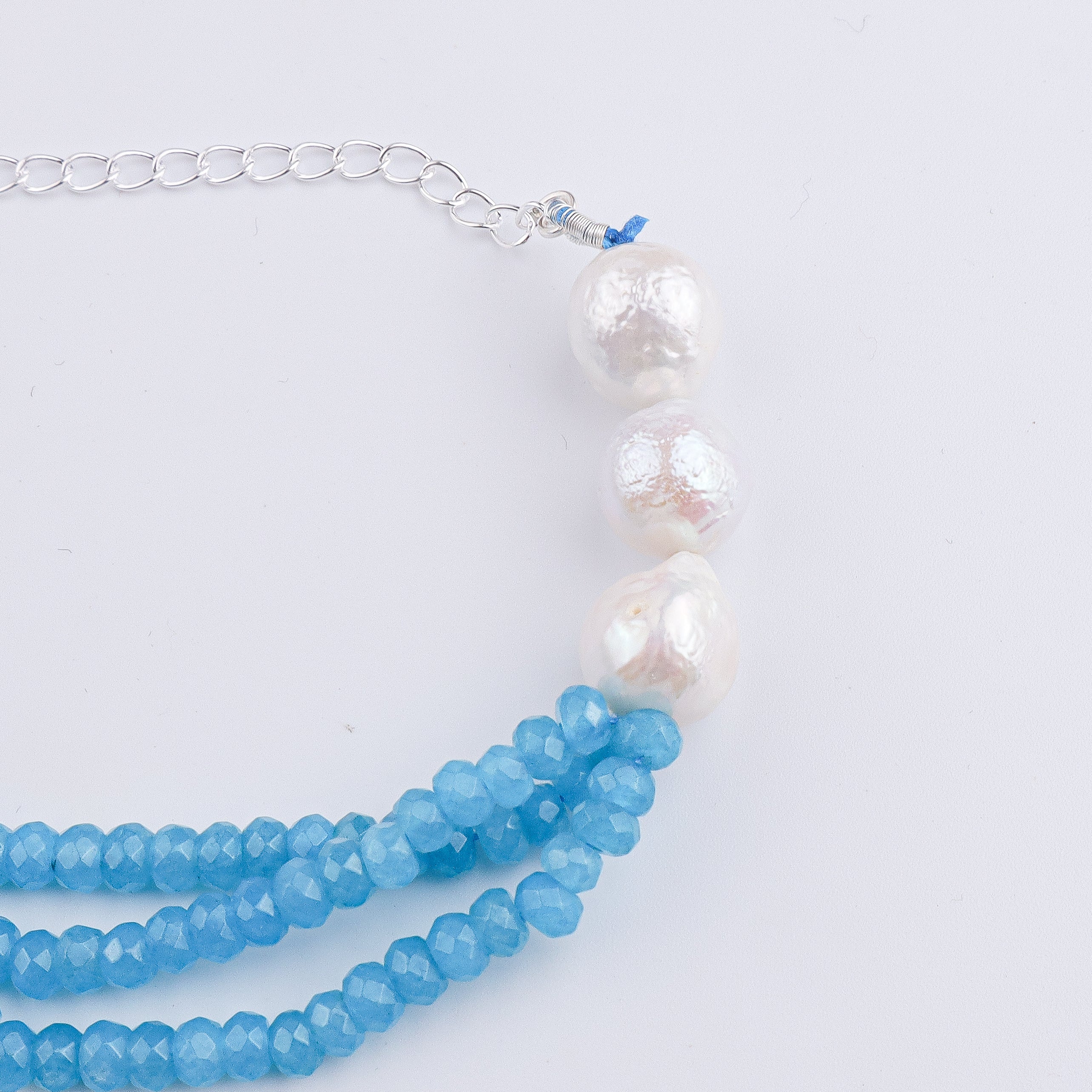 Blue Jade & Baroque Pearl Silver Bracelet (Project Handmade)