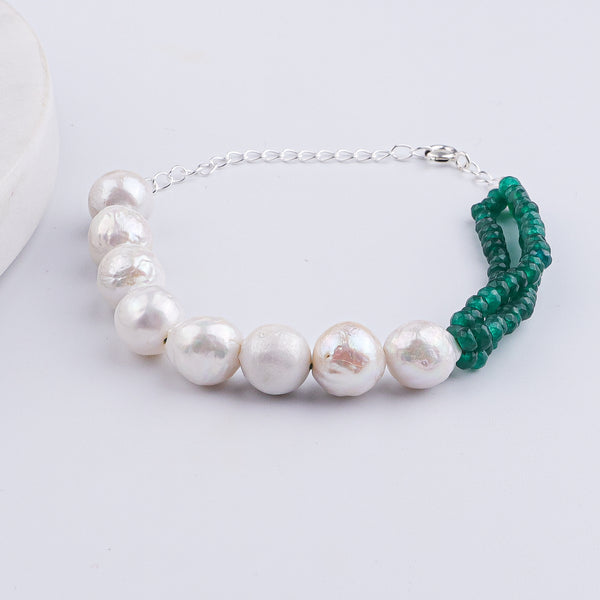 Green Onyx & Baroque Pearl Silver Bracelet (Project Handmade)