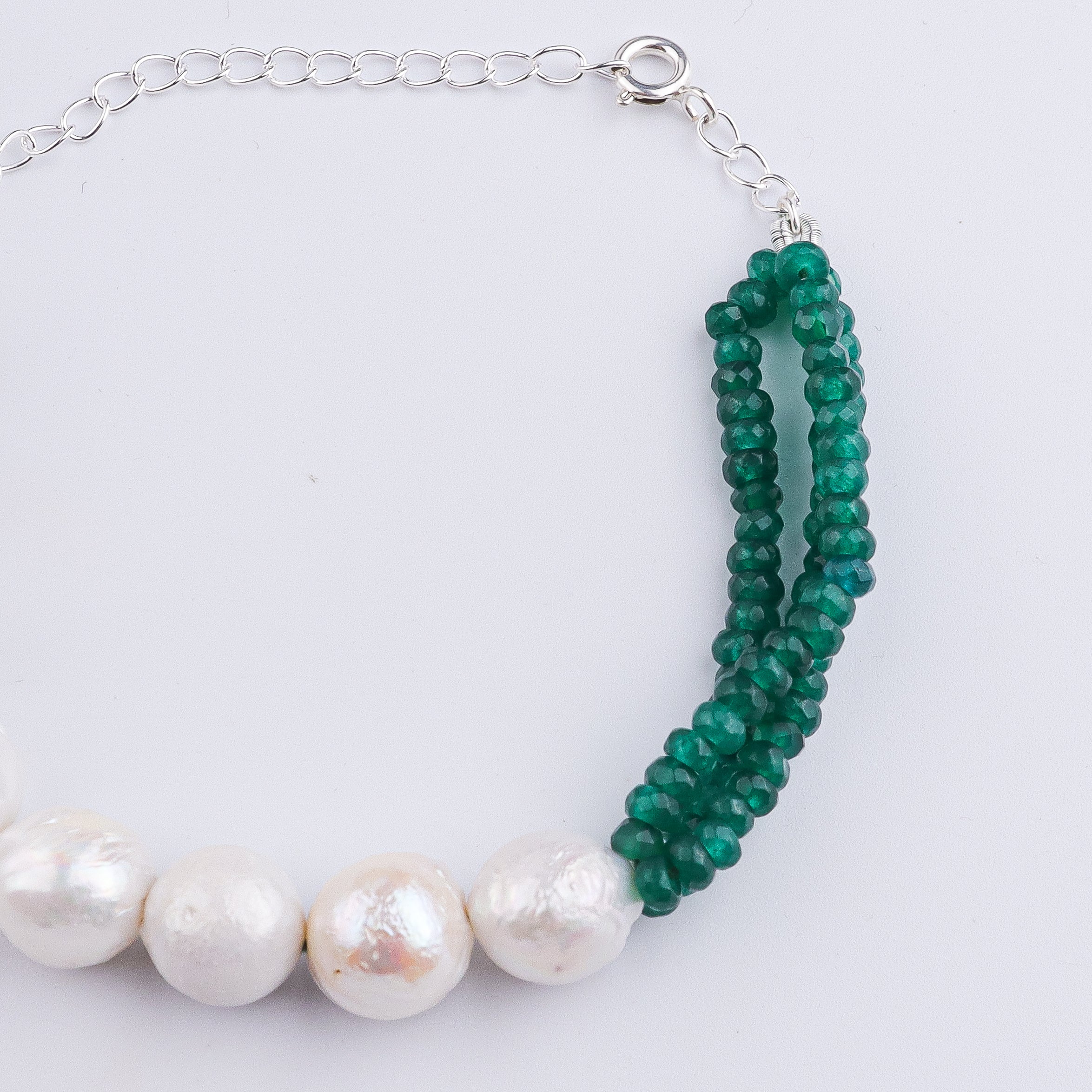 Green Onyx & Baroque Pearl Silver Bracelet (Project Handmade)