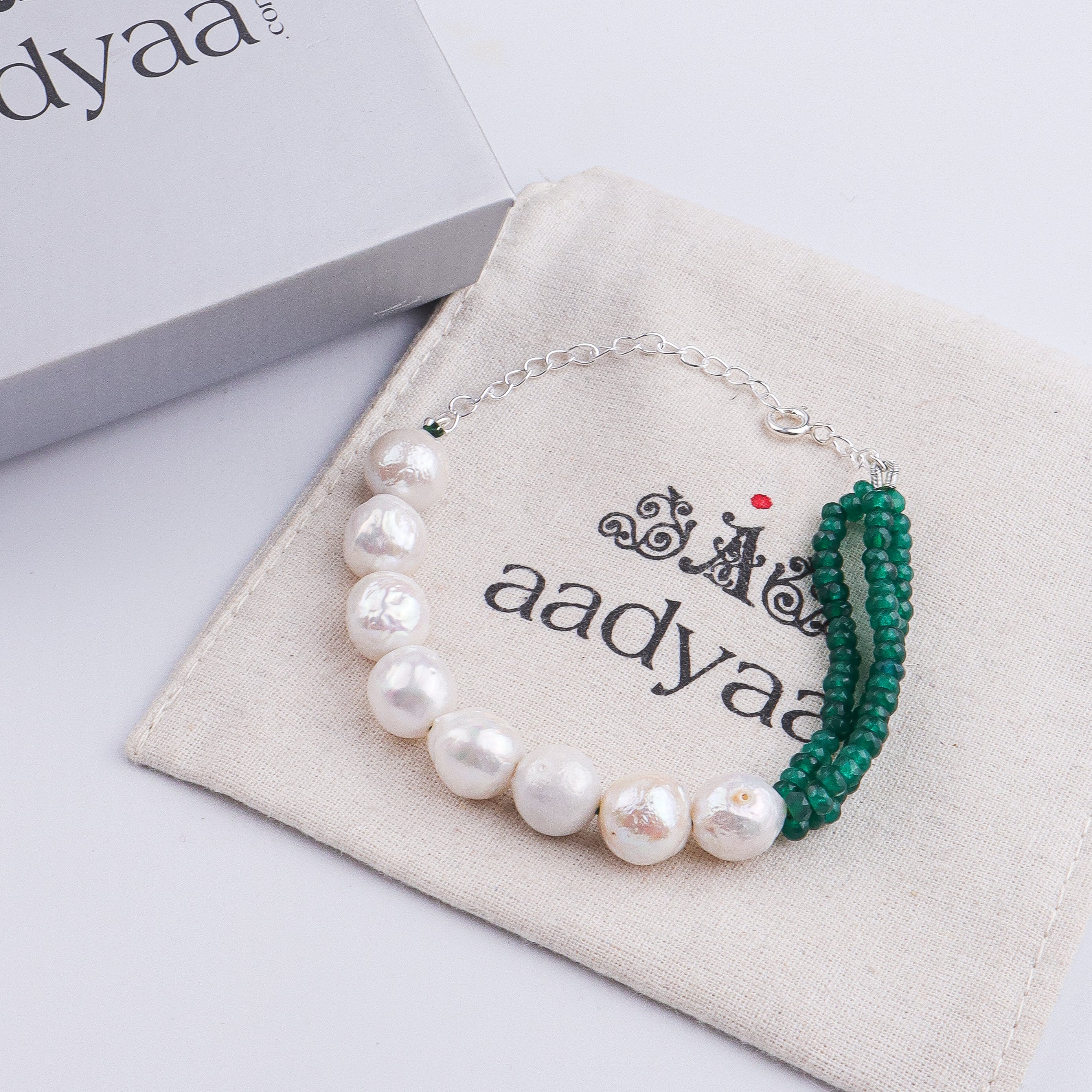 Green Onyx & Baroque Pearl Silver Bracelet (Project Handmade)