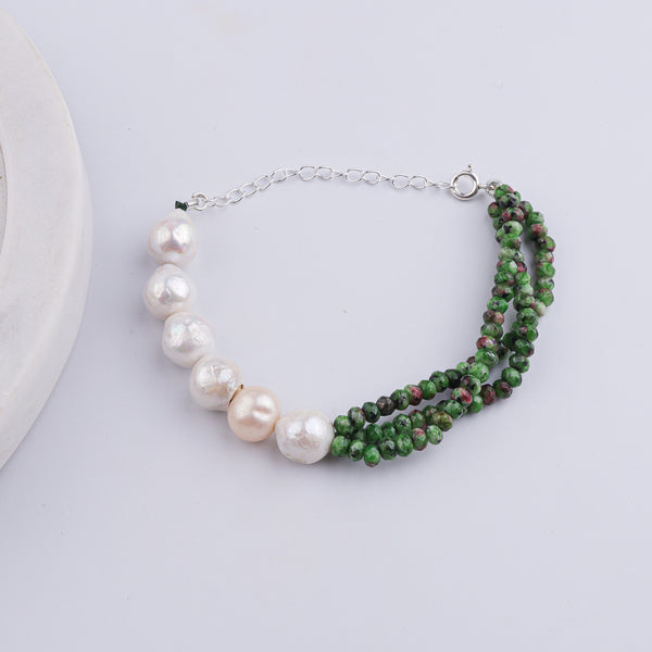 Green Jade & Baroque Pearl Silver Bracelet (Project Handmade)