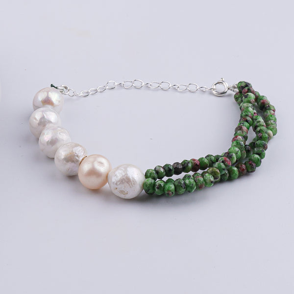 Green Jade & Baroque Pearl Silver Bracelet (Project Handmade)