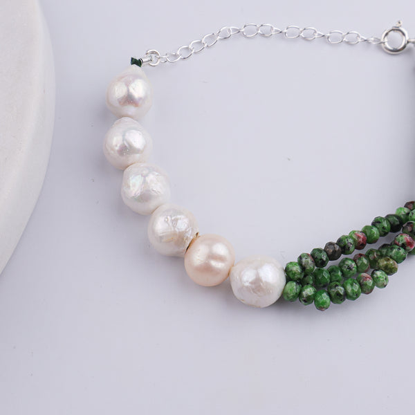 Green Jade & Baroque Pearl Silver Bracelet (Project Handmade)