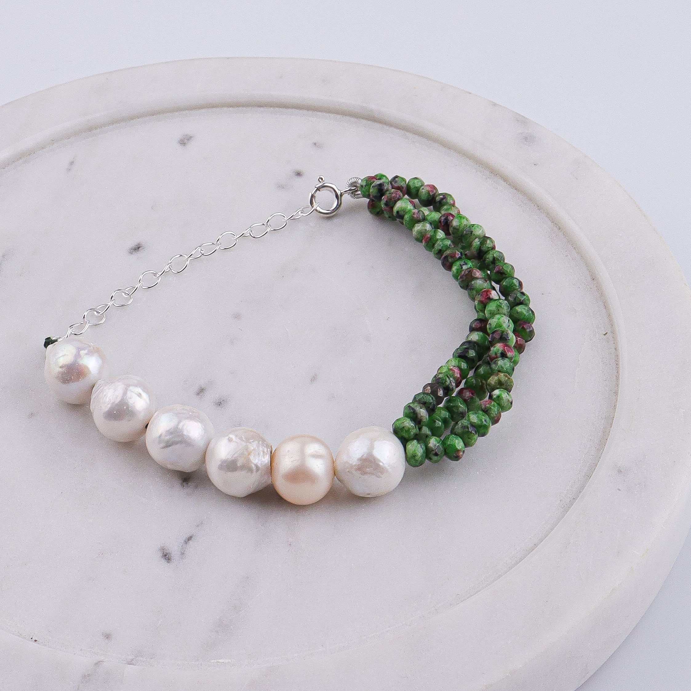 Green Jade & Baroque Pearl Silver Bracelet (Project Handmade)