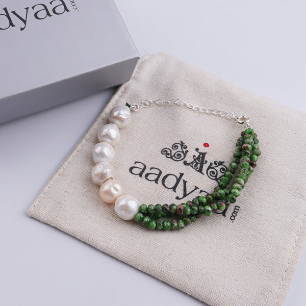 Green Jade & Baroque Pearl Silver Bracelet (Project Handmade)