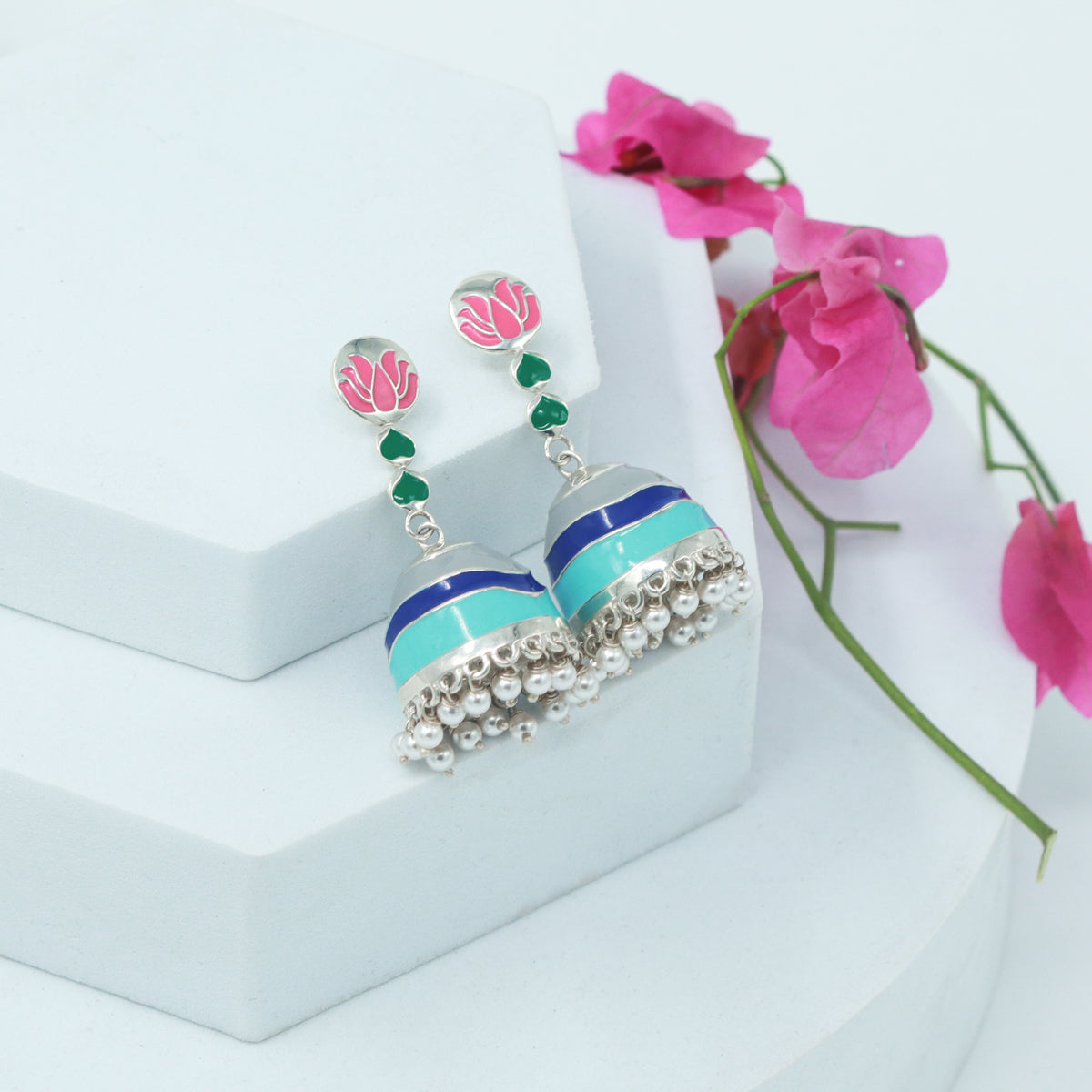 Silver Enamel Lotus Jhumka Earrings