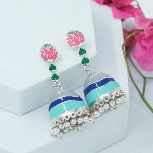 Silver Enamel Lotus Jhumka Earrings