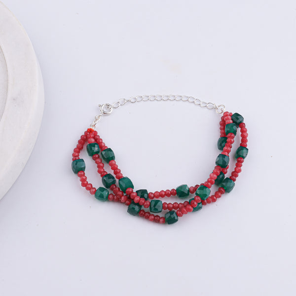 Red Jade & Green Onyx Silver Bracelet (Project Handmade)