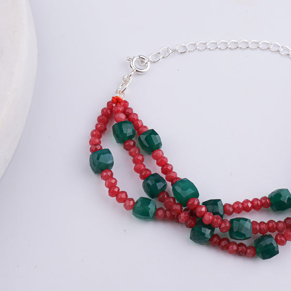 Red Jade & Green Onyx Silver Bracelet (Project Handmade)