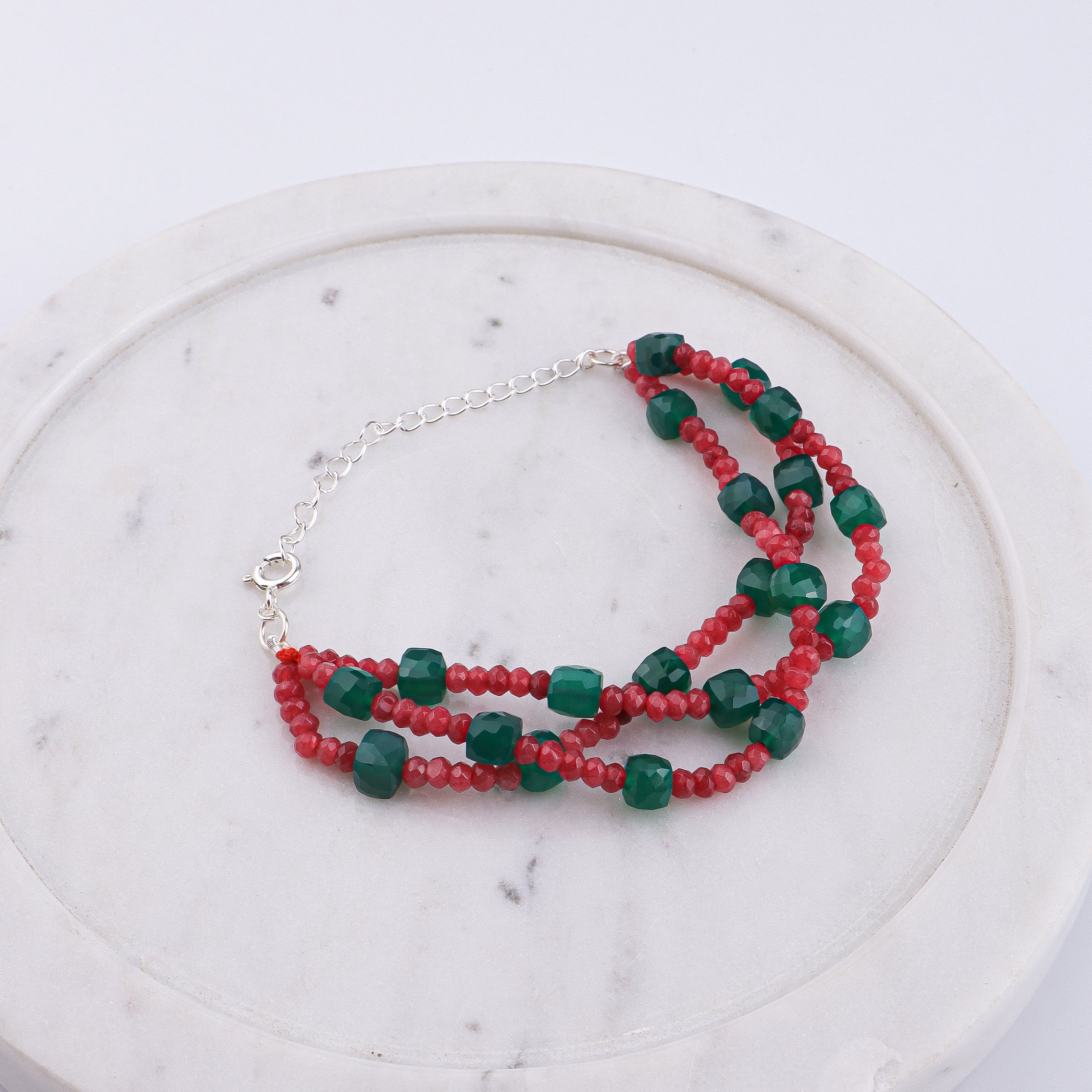 Red Jade & Green Onyx Silver Bracelet (Project Handmade)