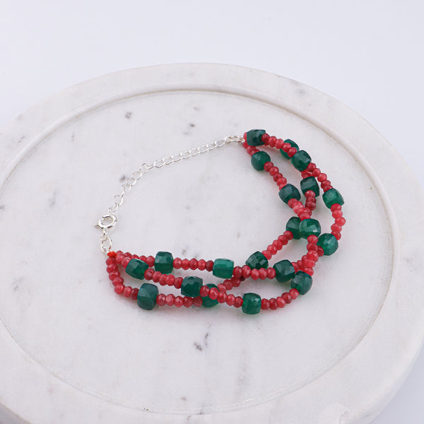 Red Jade & Green Onyx Silver Bracelet (Project Handmade)